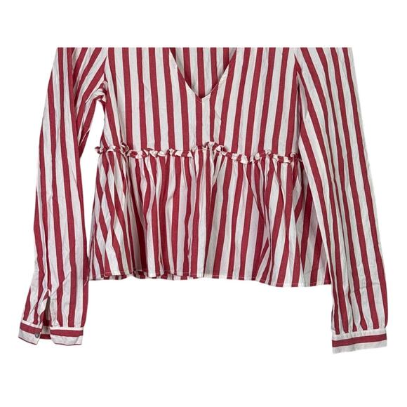 Zara striped Long Sleeve Peplum Fitted Bodice Lightweight Blouse S Red White - Picture 4 of 15